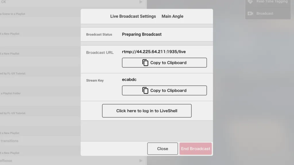Screenshot for step 4: the Broadcast URL and Stream key in FL-UX