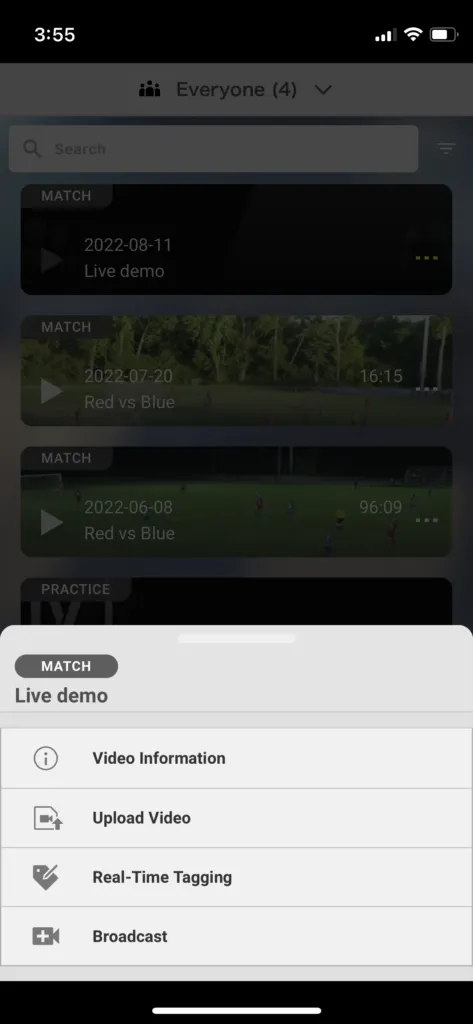 Screenshot for step 2: the match menu with the Broadcast option on a phone