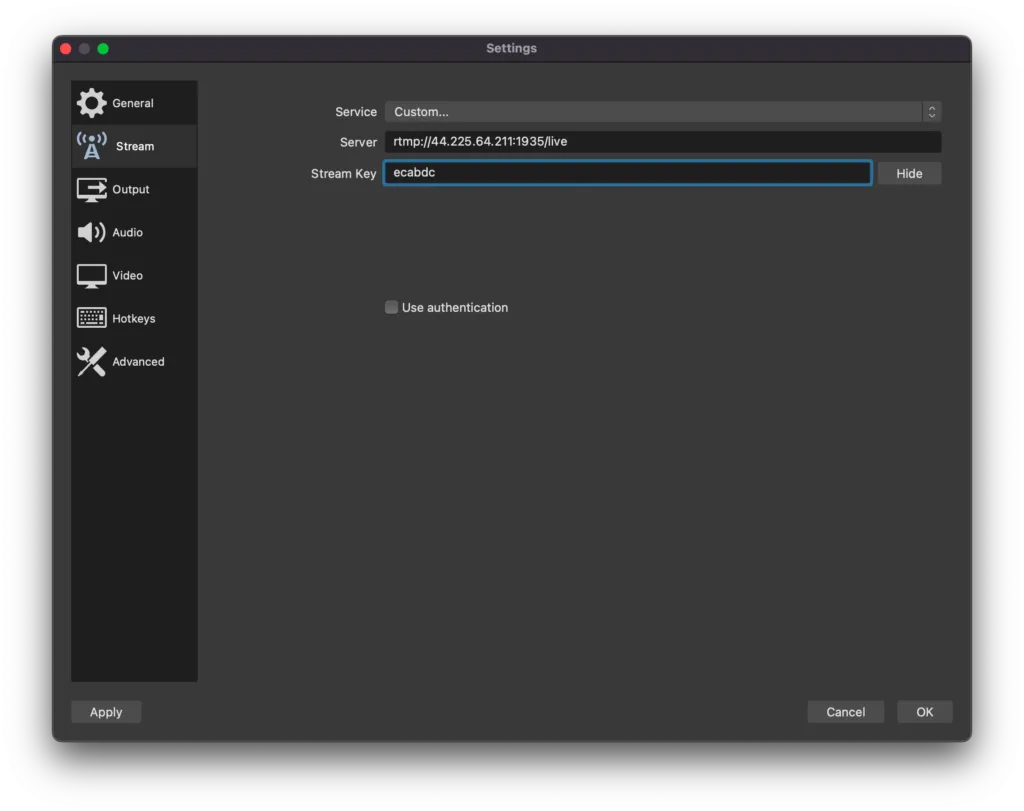 Screenshot for step 5: the OBS Stream settings with Server and Stream Key filled in