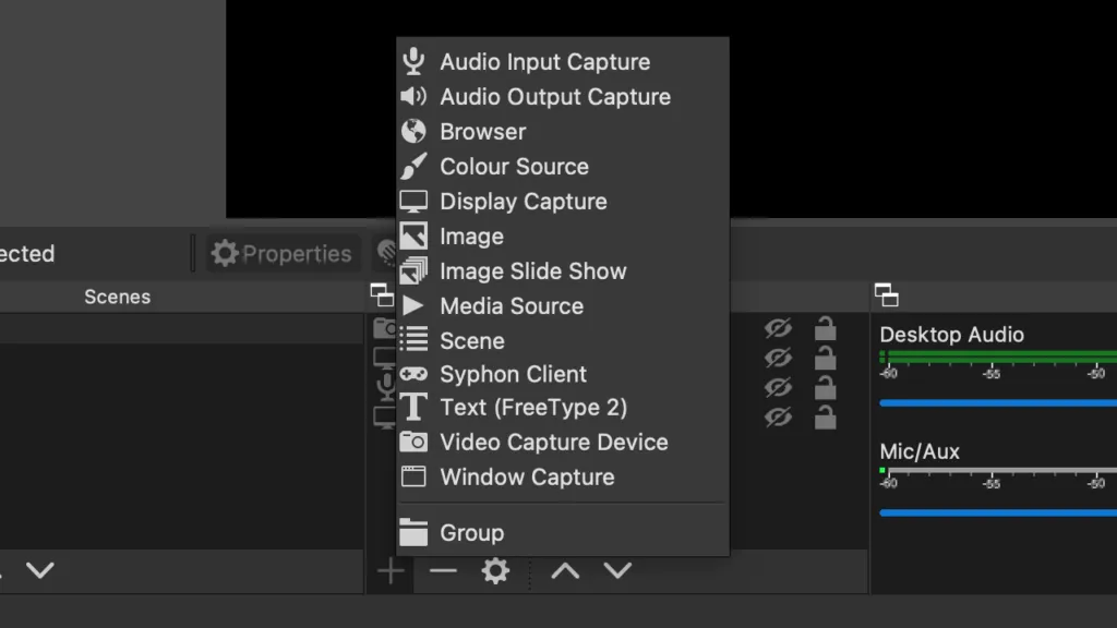 Screenshot for step 6: adding a Video Capture Device in OBS
