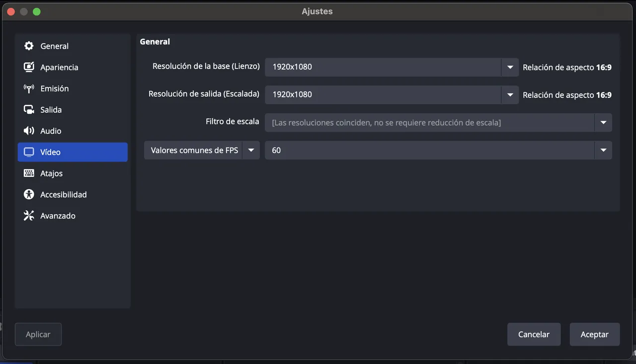 Captura del paso 2: los ajustes de video de OBS