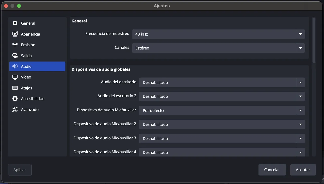 Captura del paso 3: los ajustes de audio de OBS