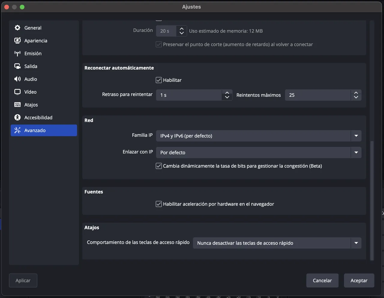 Captura del paso 4: los ajustes de red avanzados de OBS