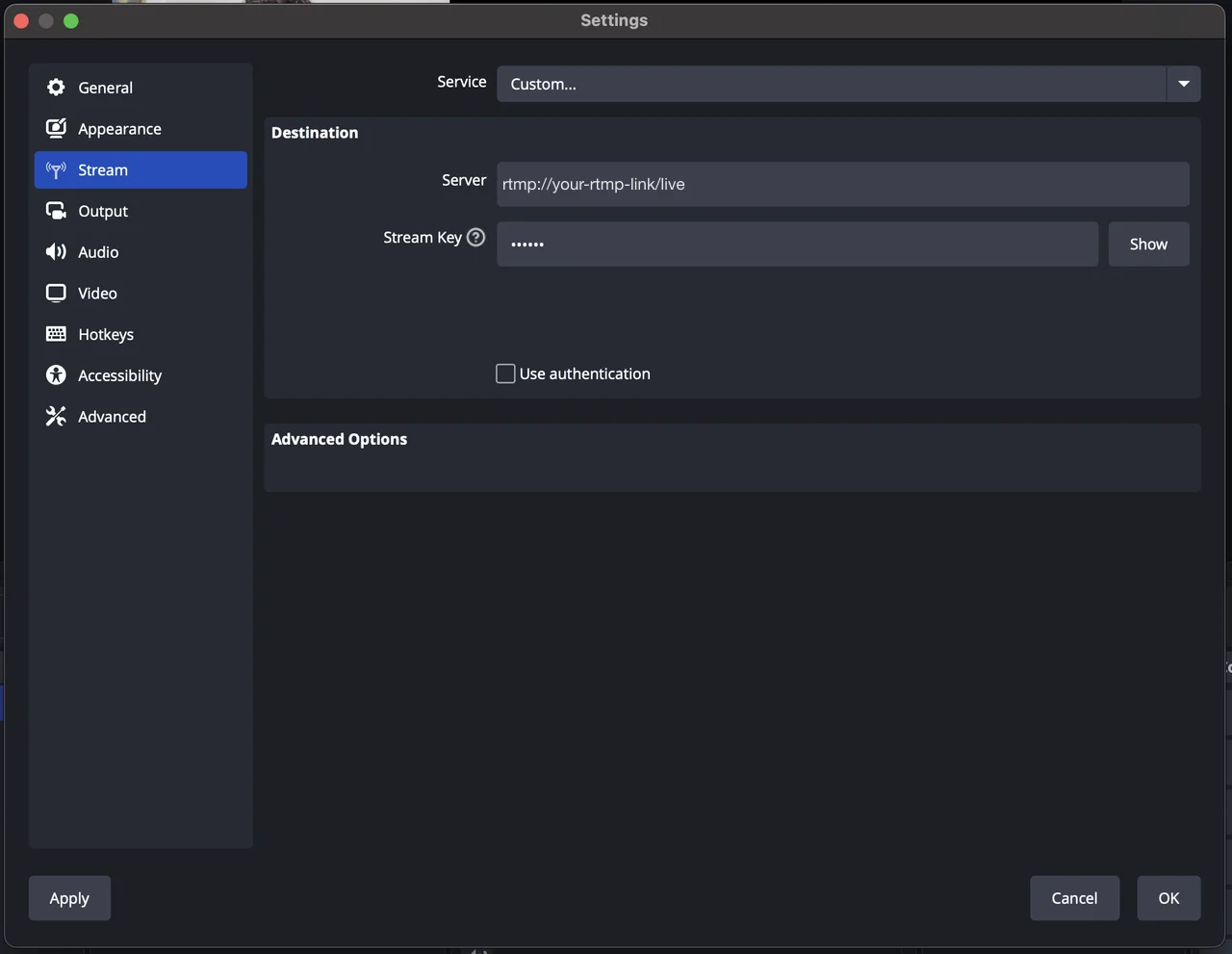 Screenshot for step 2: the OBS Stream settings with a custom server and stream key