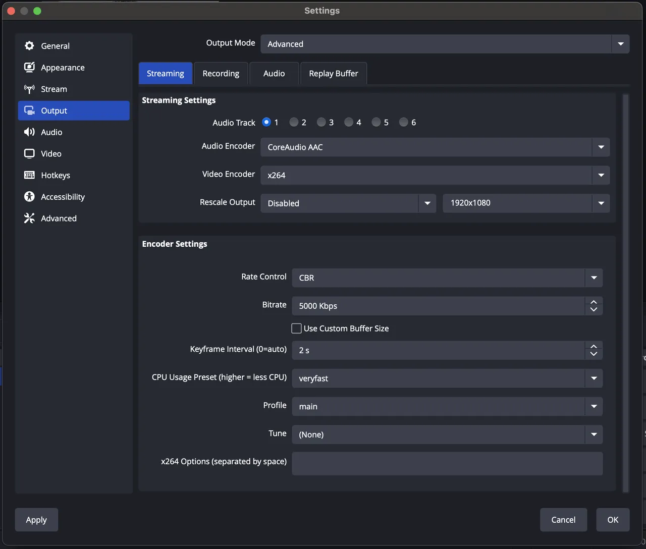 Screenshot for step 1: the OBS Output settings