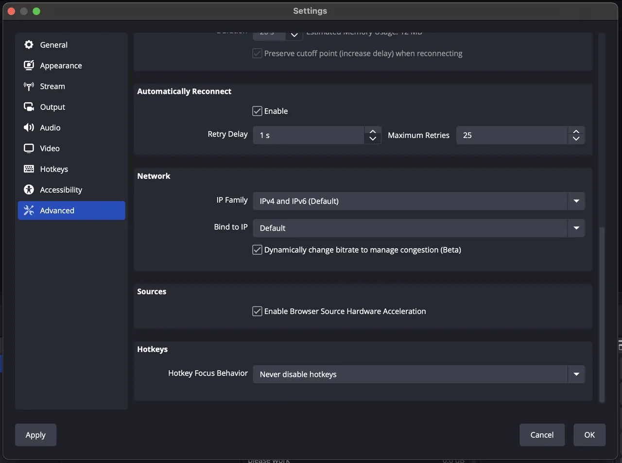 Screenshot for step 4: the OBS Advanced network settings