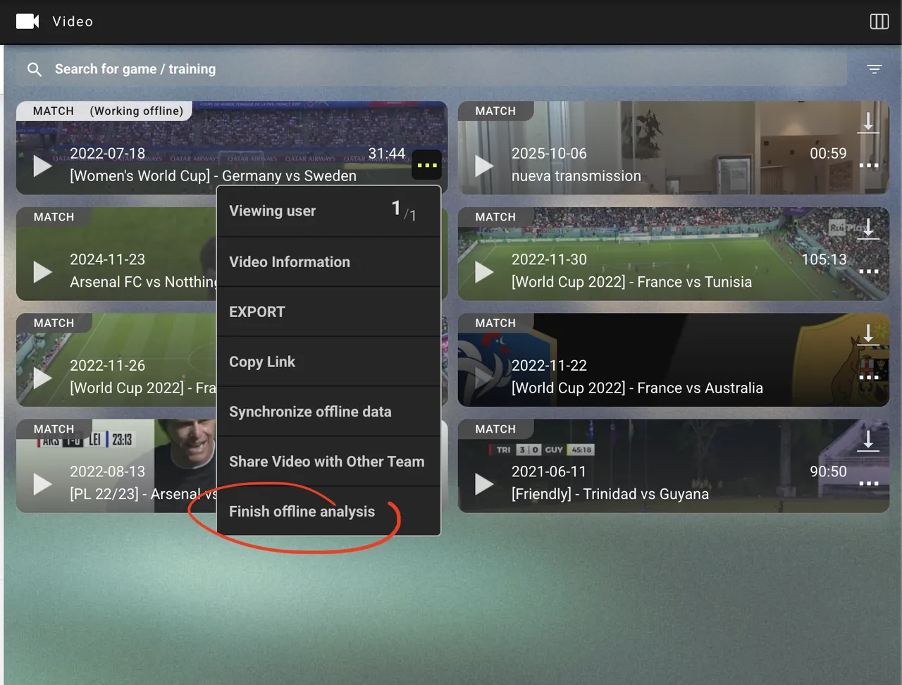 Screenshot: the Finish offline analysis option in the match menu