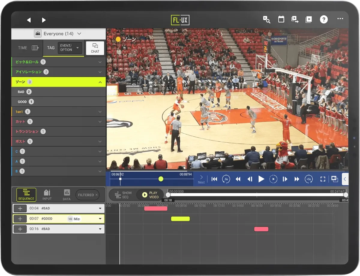 Searching tagged scenes in a basketball game and replaying them in FL-UX